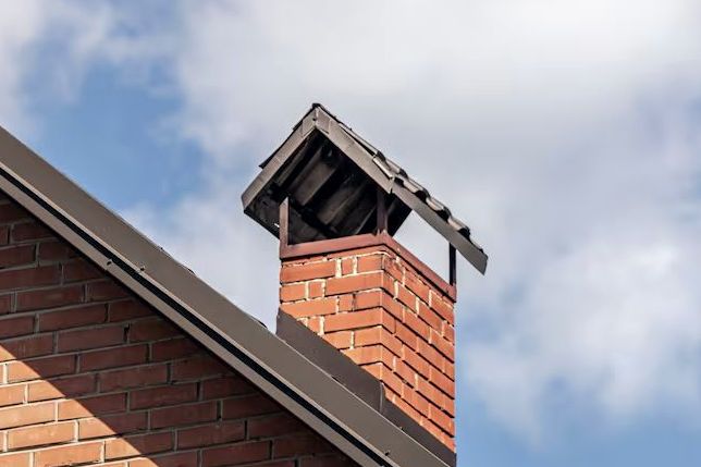 Board weather hood sheltering an old brick flue