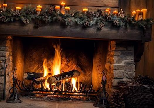 Stone fireplace with candle-lined timber mantel glowing