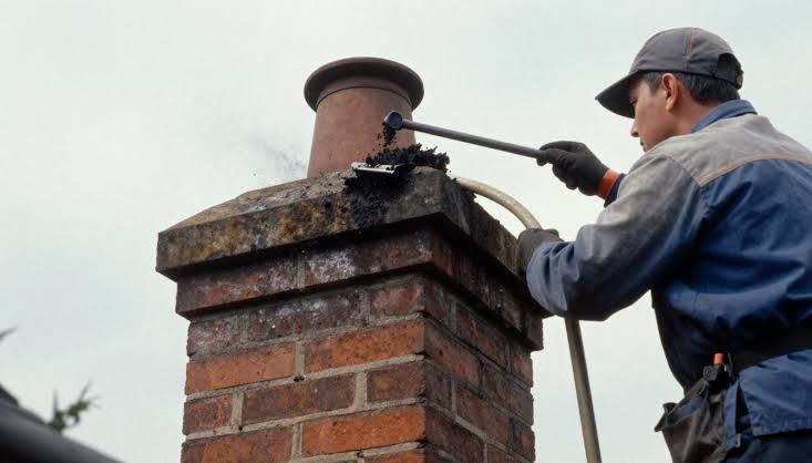 Technician scraping creosote from a chimney crown by the pot